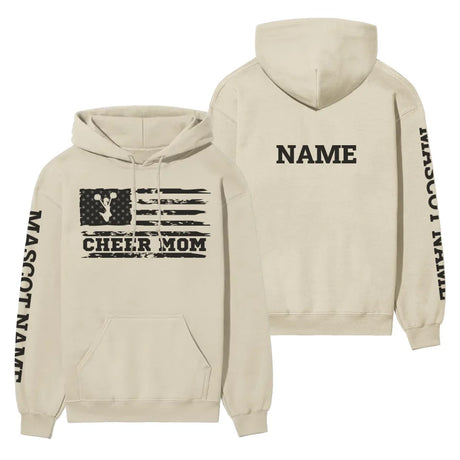 cheer mom horizontal flag with cheerleader name on a hoodie with a black graphic