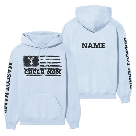 cheer mom horizontal flag with cheerleader name on a hoodie with a black graphic