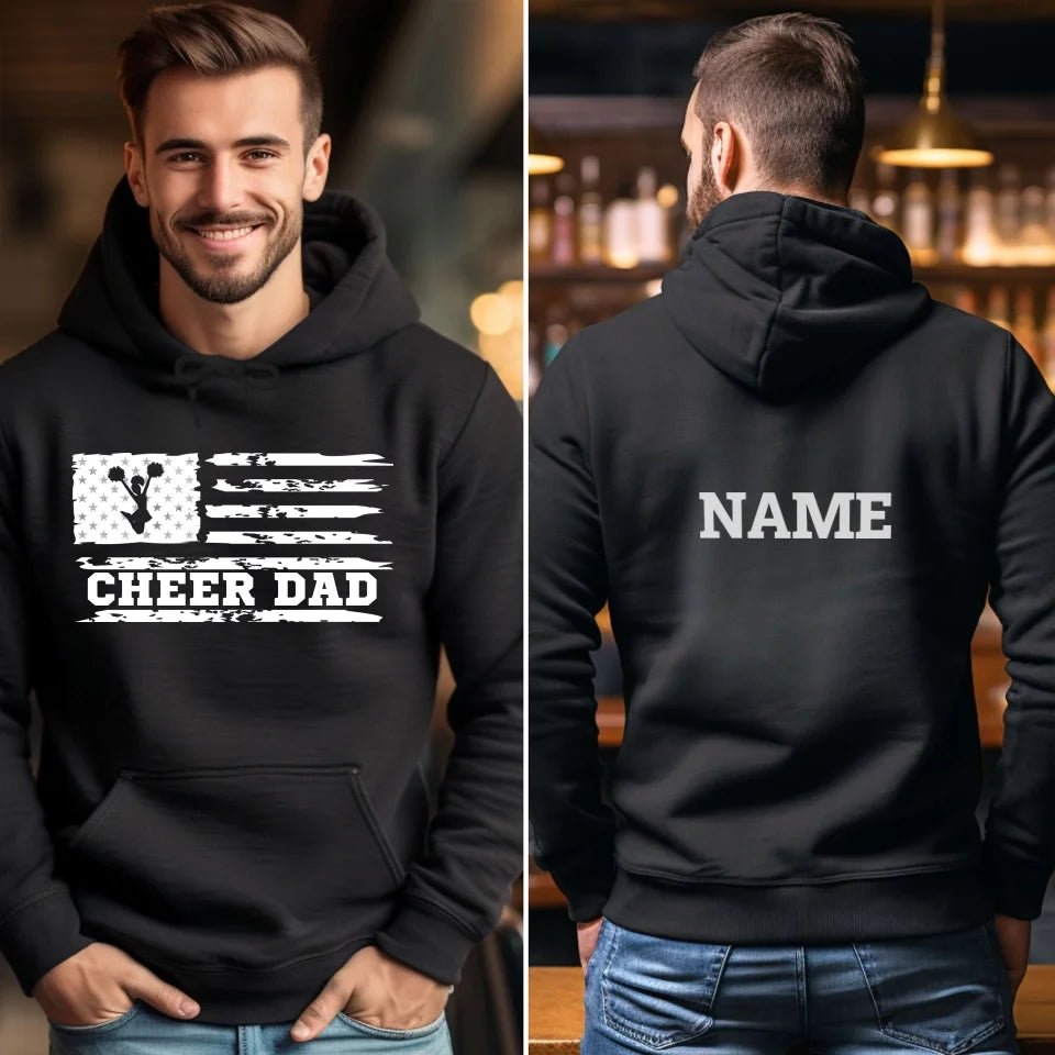 cheer dad horizontal flag with cheerleader name on a hoodie with a white graphic