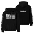 cheer dad horizontal flag with cheerleader name on a hoodie with a white graphic