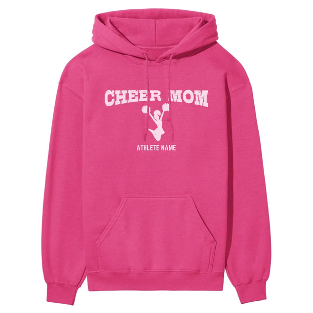 cheer mom with cheerleader icon and cheerleader name on a hoodie with a white graphic