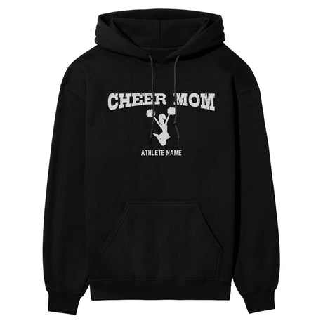 cheer mom with cheerleader icon and cheerleader name on a hoodie with a white graphic