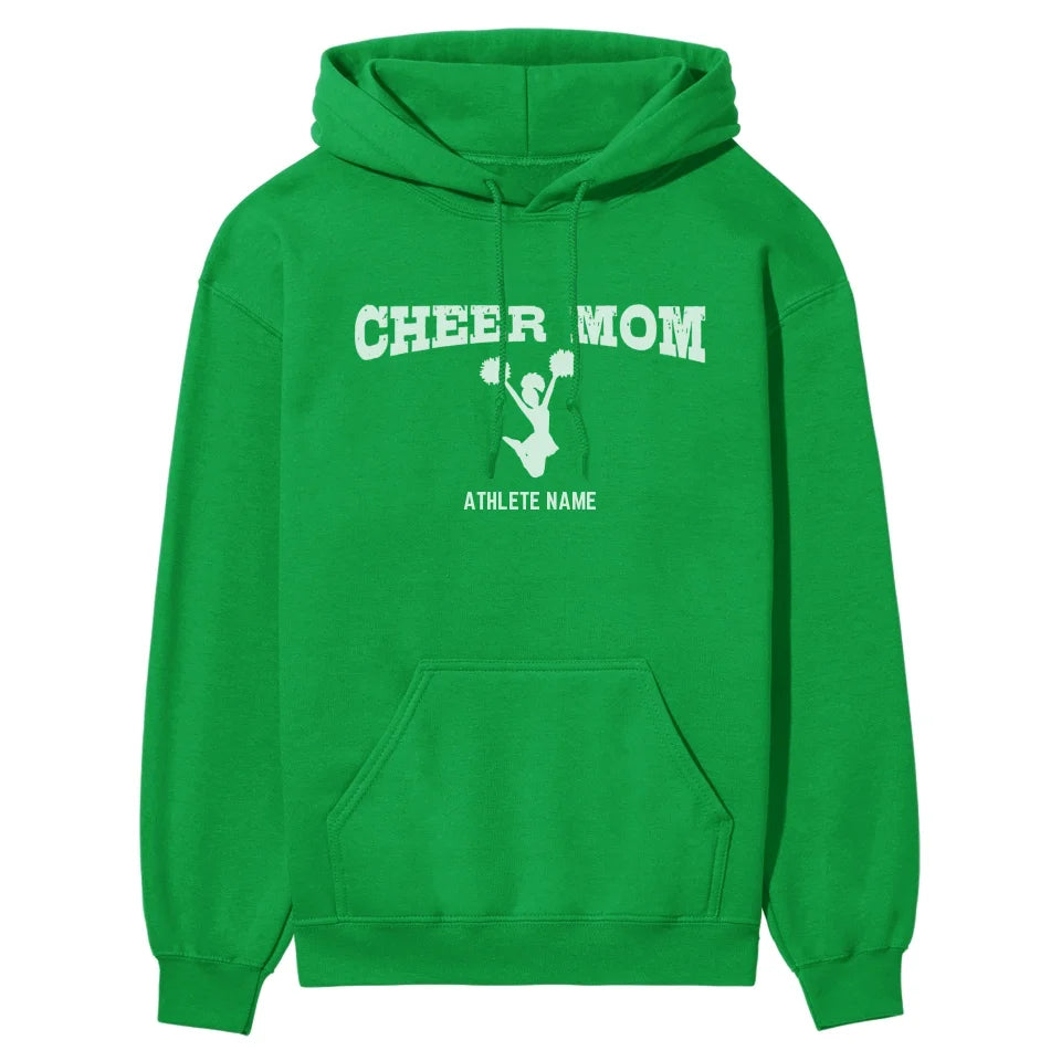 cheer mom with cheerleader icon and cheerleader name on a hoodie with a white graphic