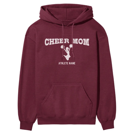 cheer mom with cheerleader icon and cheerleader name on a hoodie with a white graphic