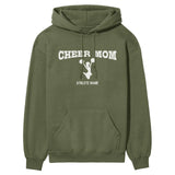 cheer mom with cheerleader icon and cheerleader name on a hoodie with a white graphic