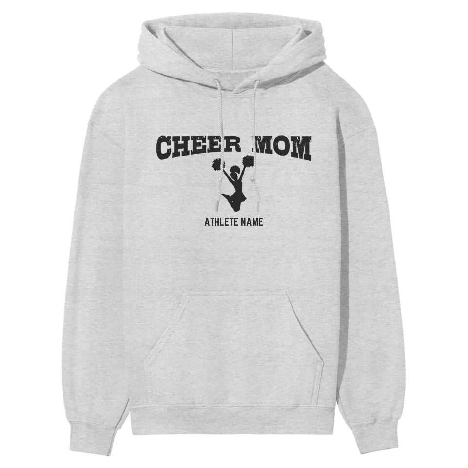 cheer mom with cheerleader icon and cheerleader name on a hoodie with a black graphic