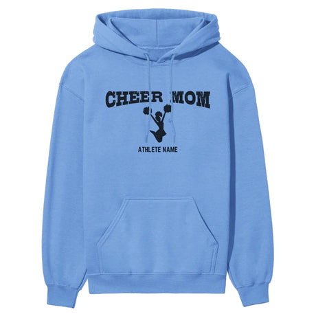 cheer mom with cheerleader icon and cheerleader name on a hoodie with a black graphic