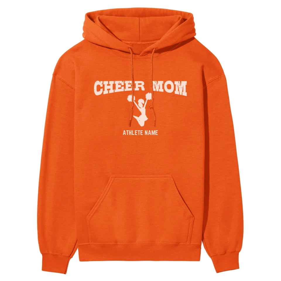 cheer mom with cheerleader icon and cheerleader name on a hoodie with a white graphic