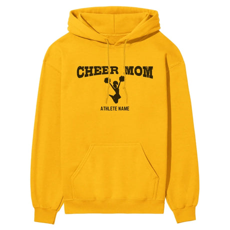 cheer mom with cheerleader icon and cheerleader name on a hoodie with a black graphic