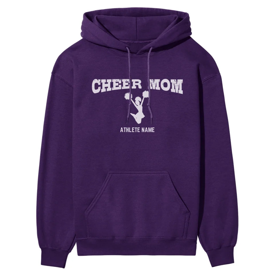 cheer mom with cheerleader icon and cheerleader name on a hoodie with a white graphic