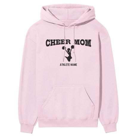 cheer mom with cheerleader icon and cheerleader name on a hoodie with a black graphic