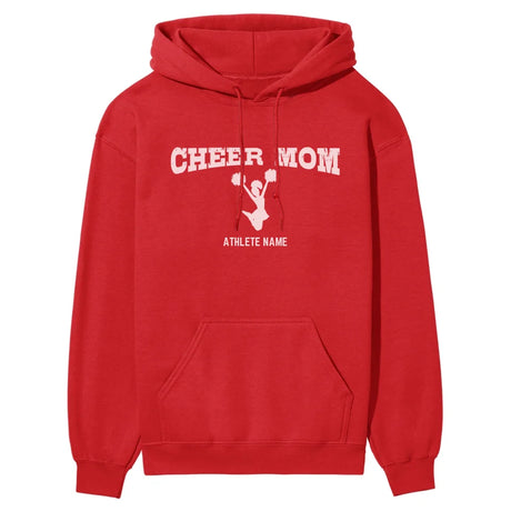 cheer mom with cheerleader icon and cheerleader name on a hoodie with a white graphic