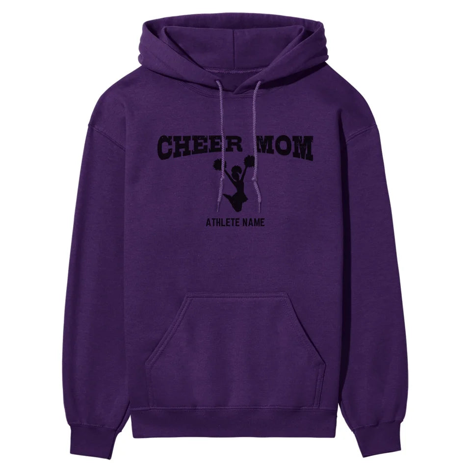 cheer mom with cheerleader icon and cheerleader name on a hoodie with a black graphic