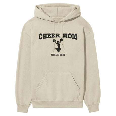 cheer mom with cheerleader icon and cheerleader name on a hoodie with a black graphic