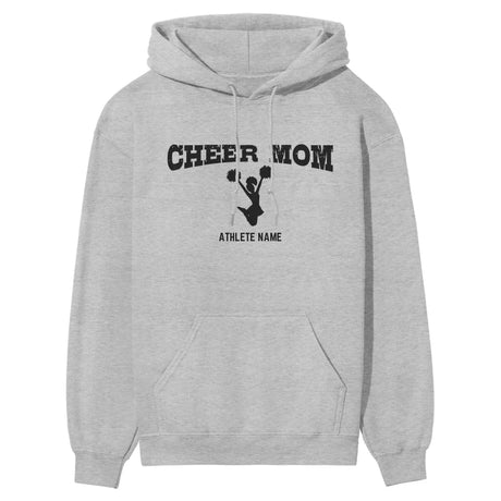 cheer mom with cheerleader icon and cheerleader name on a hoodie with a black graphic