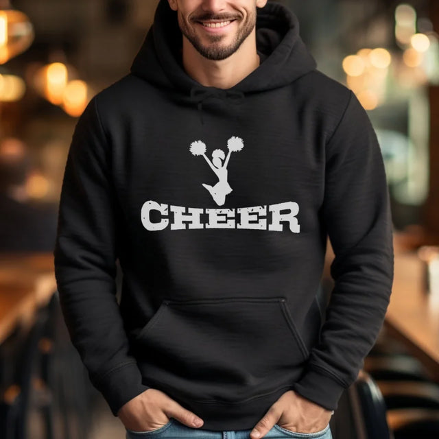 basic cheer with cheerleader icon on a hoodie with a white graphic