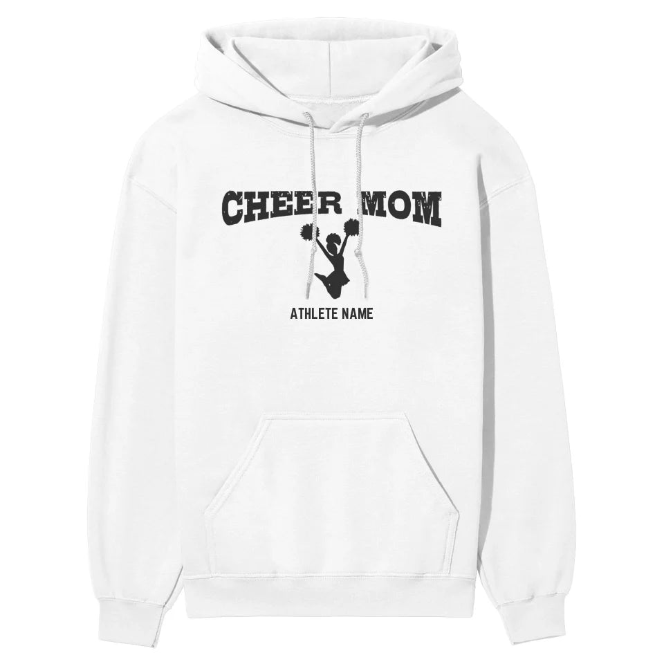 cheer mom with cheerleader icon and cheerleader name on a hoodie with a black graphic