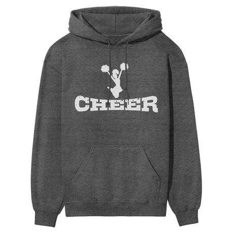 basic cheer with cheerleader icon on a hoodie with a white graphic