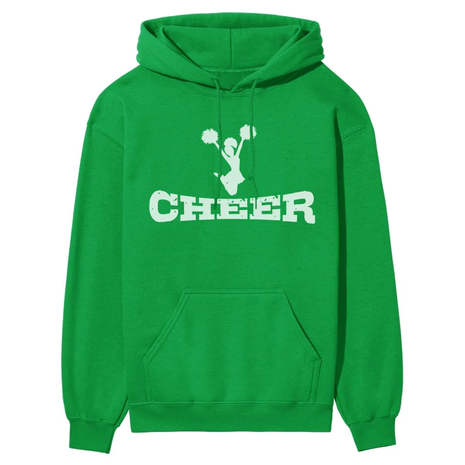 basic cheer with cheerleader icon on a hoodie with a white graphic