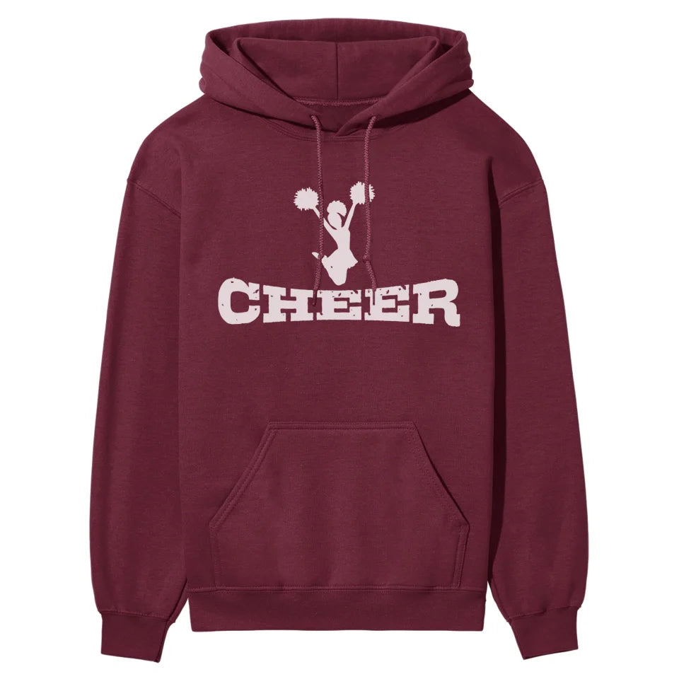 basic cheer with cheerleader icon on a hoodie with a white graphic