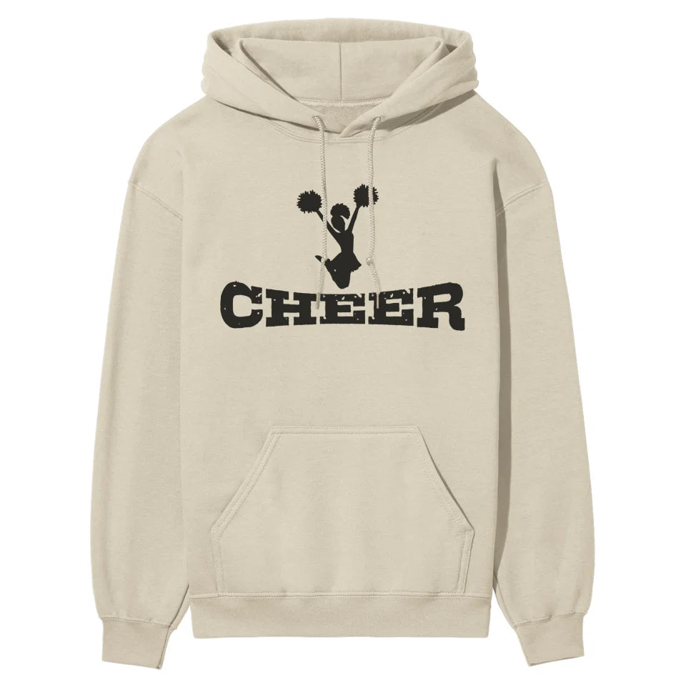 basic cheer with cheerleader icon on a hoodie with a black graphic