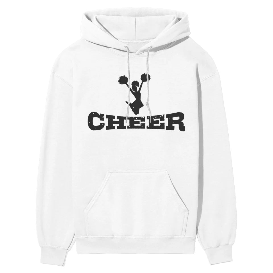 basic cheer with cheerleader icon on a hoodie with a black graphic