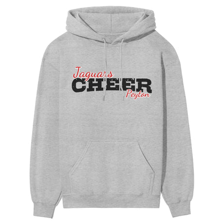 custom cheer mascot and cheerleader name on a hoodie with a black graphic