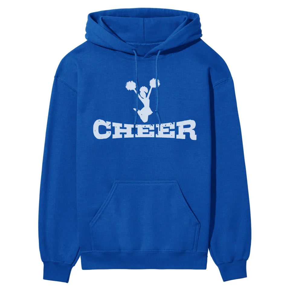 basic cheer with cheerleader icon on a hoodie with a white graphic