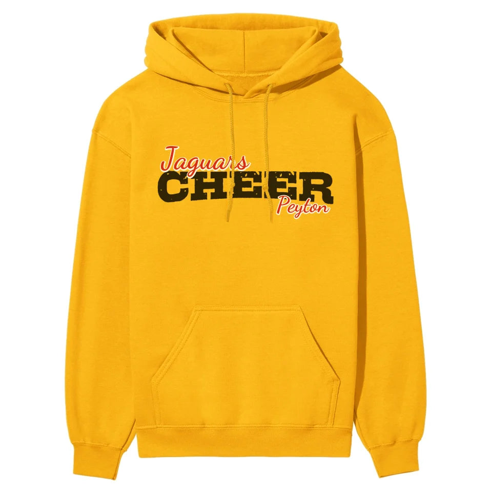 custom cheer mascot and cheerleader name on a hoodie with a black graphic