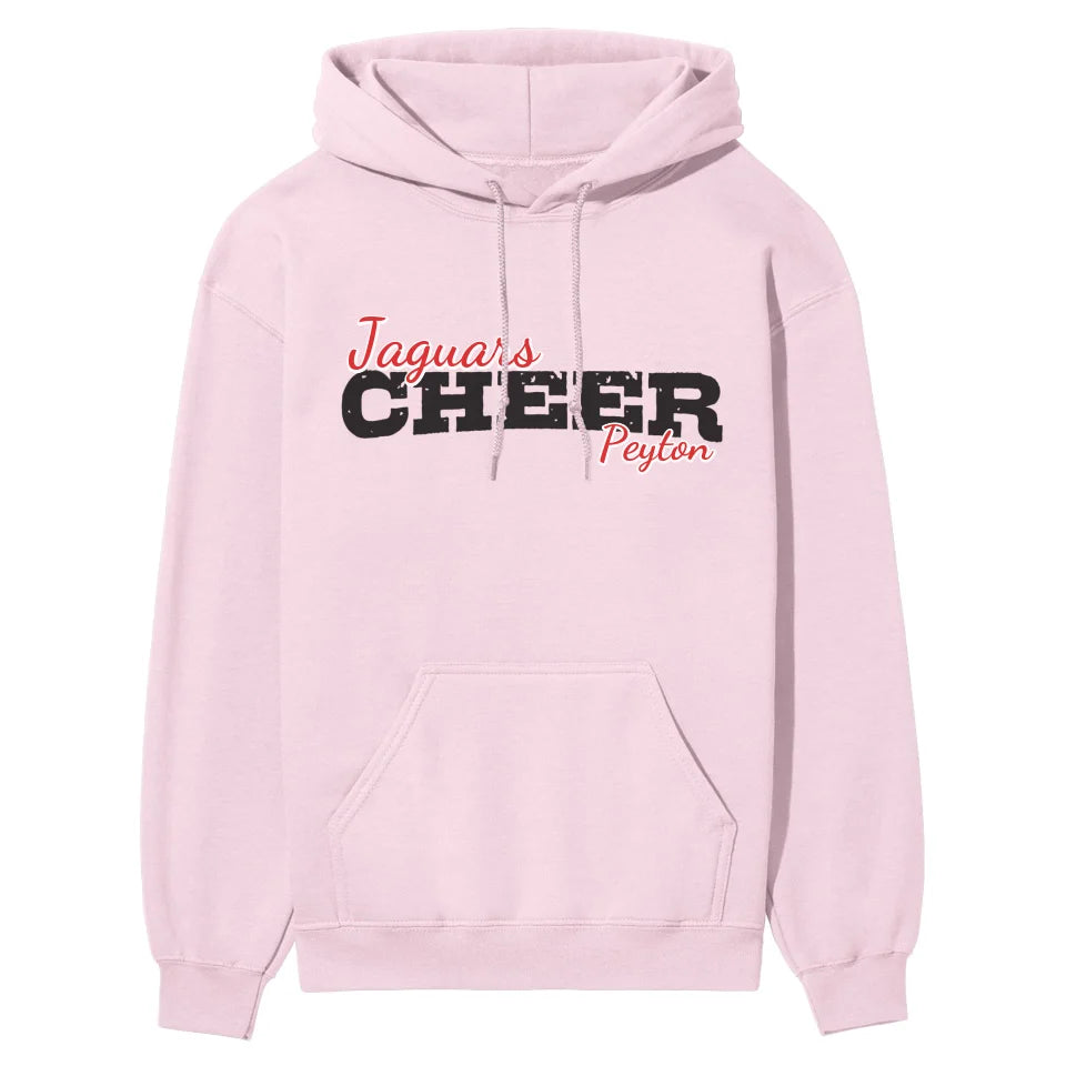 custom cheer mascot and cheerleader name on a hoodie with a black graphic