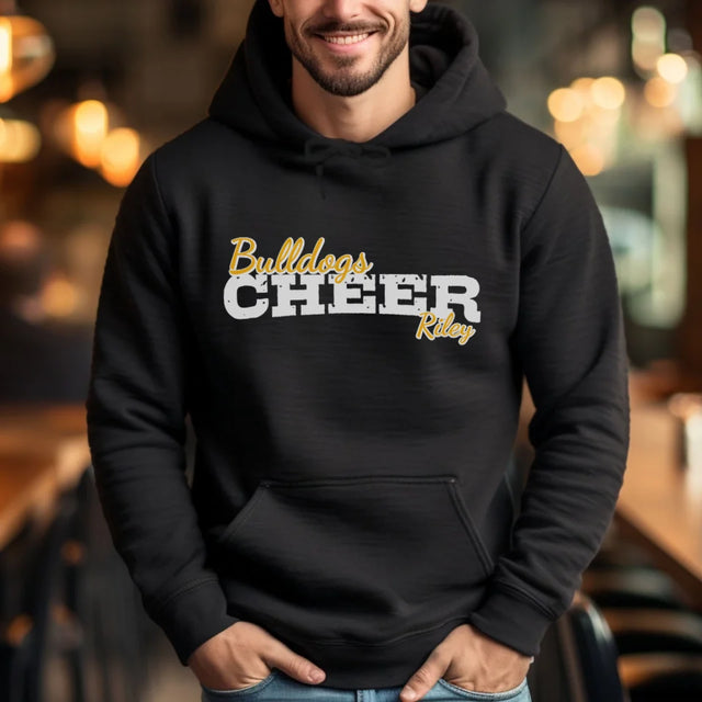 custom cheer mascot and cheerleader name on a hoodie with a white graphic