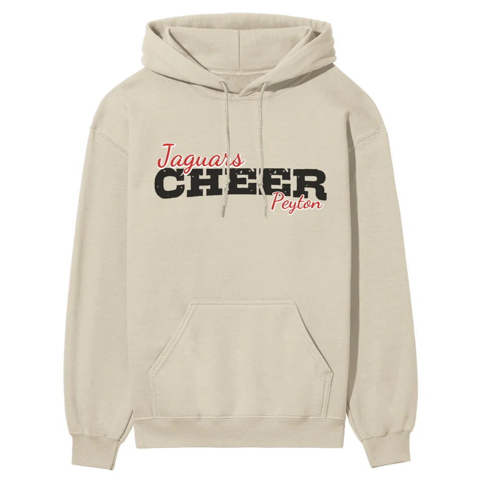 custom cheer mascot and cheerleader name on a hoodie with a black graphic