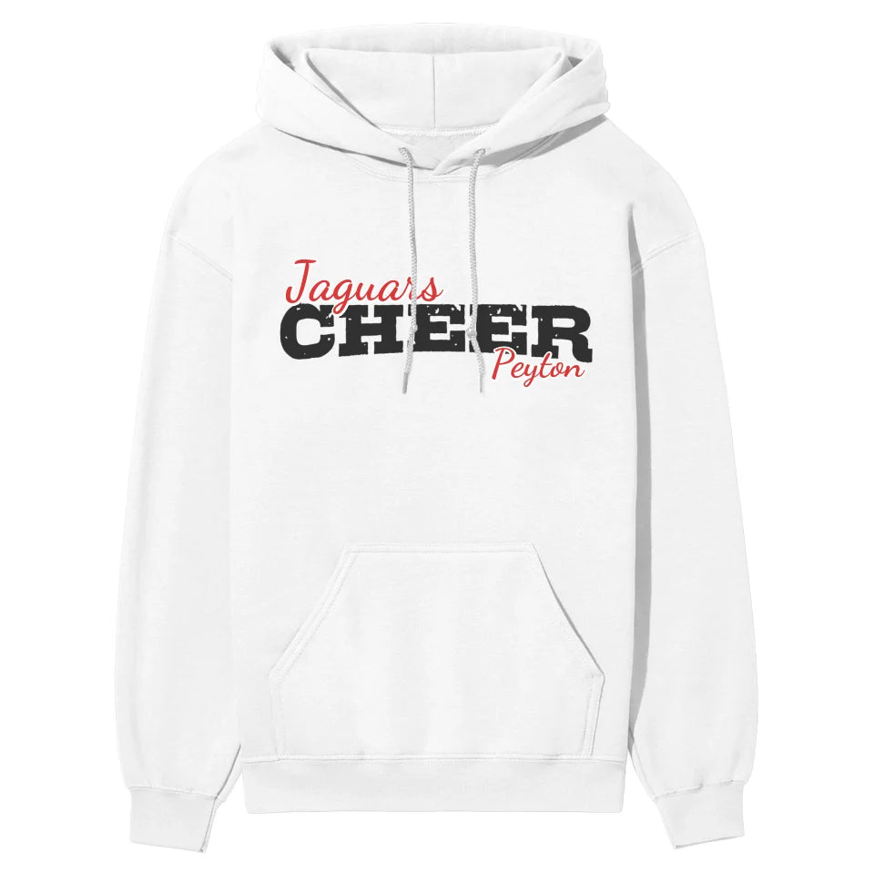 custom cheer mascot and cheerleader name on a hoodie with a black graphic