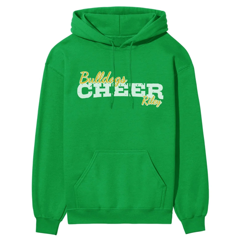 custom cheer mascot and cheerleader name on a hoodie with a white graphic