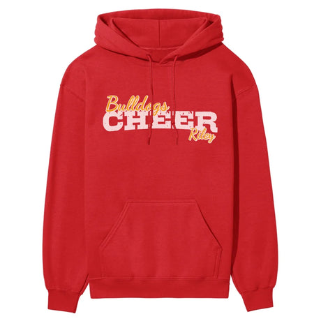 custom cheer mascot and cheerleader name on a hoodie with a white graphic