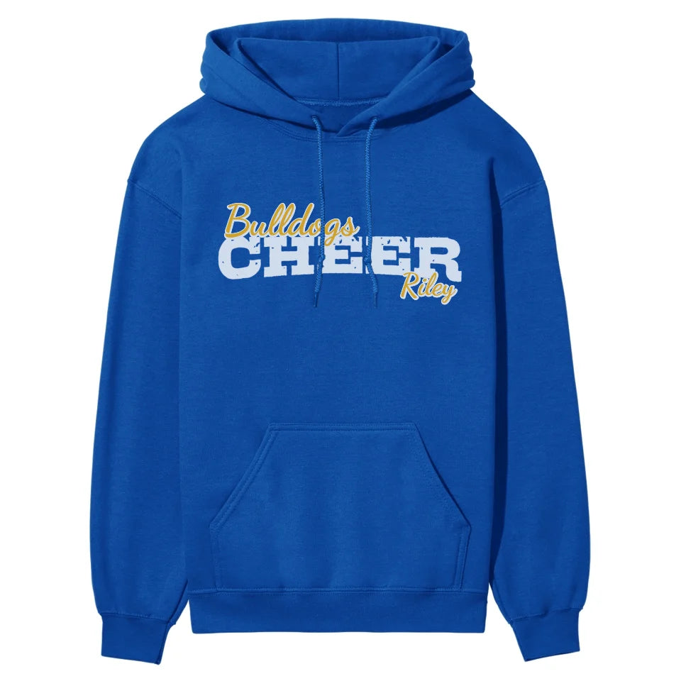 custom cheer mascot and cheerleader name on a hoodie with a white graphic