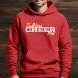 custom cheer mascot and cheerleader name on a hoodie with a white graphic