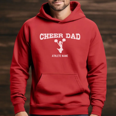 cheer dad with cheerleader icon and cheerleader name on a hoodie with a white graphic