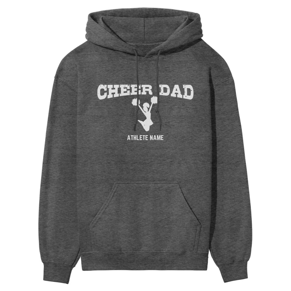 cheer dad with cheerleader icon and cheerleader name on a hoodie with a white graphic