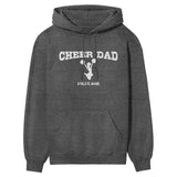 cheer dad with cheerleader icon and cheerleader name on a hoodie with a white graphic