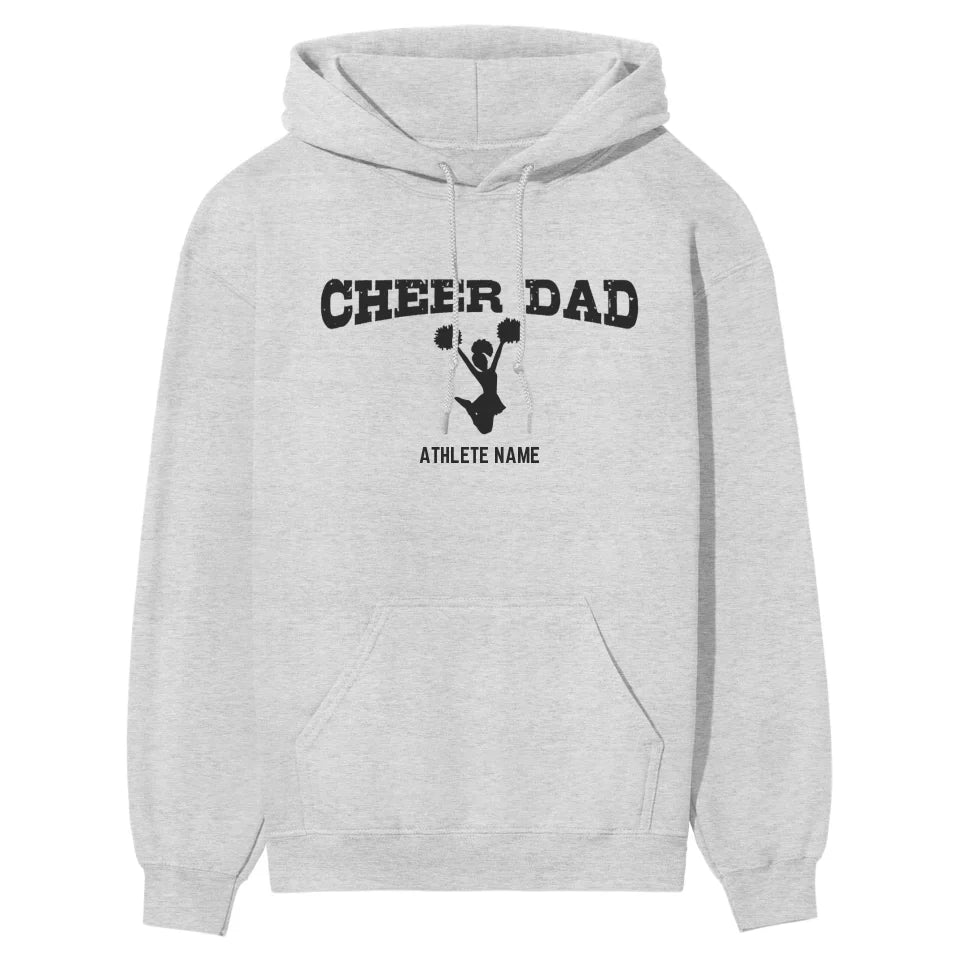 cheer dad with cheerleader icon and cheerleader name on a hoodie with a black graphic