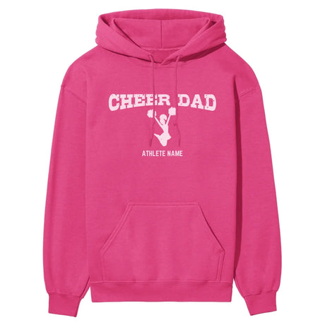 cheer dad with cheerleader icon and cheerleader name on a hoodie with a white graphic