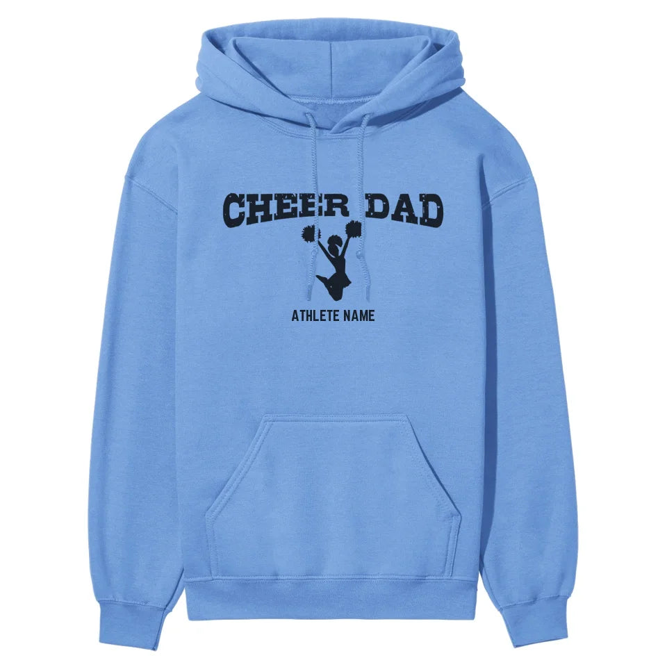 cheer dad with cheerleader icon and cheerleader name on a hoodie with a black graphic