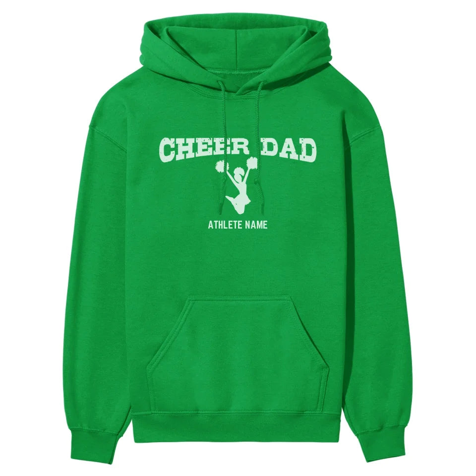 cheer dad with cheerleader icon and cheerleader name on a hoodie with a white graphic