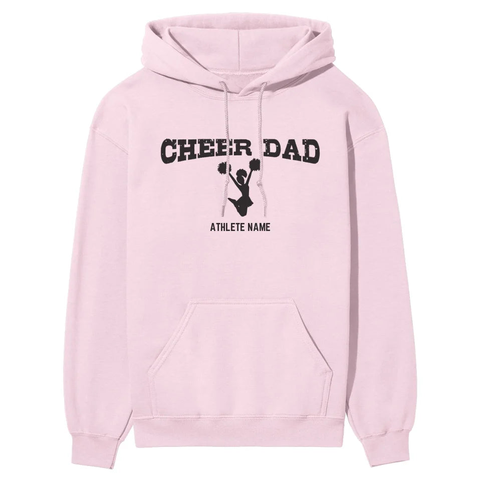 cheer dad with cheerleader icon and cheerleader name on a hoodie with a black graphic