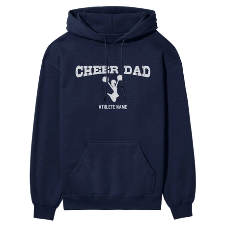 cheer dad with cheerleader icon and cheerleader name on a hoodie with a white graphic