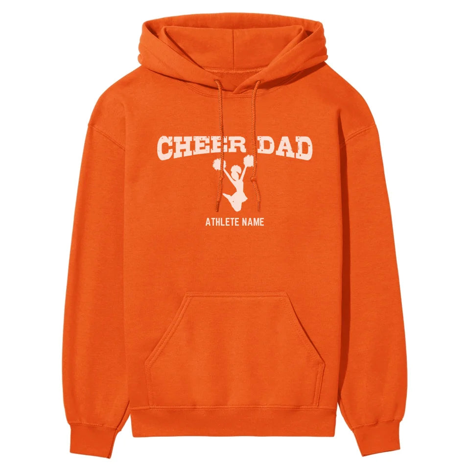 cheer dad with cheerleader icon and cheerleader name on a hoodie with a white graphic