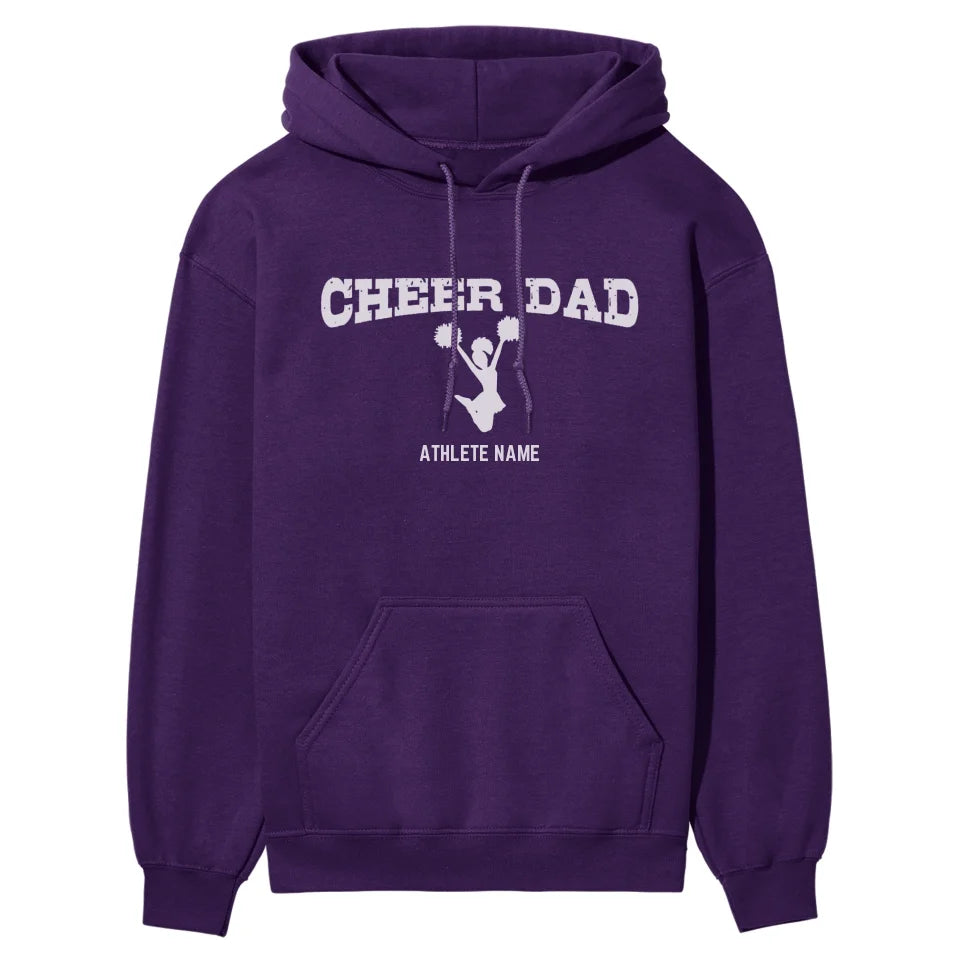 cheer dad with cheerleader icon and cheerleader name on a hoodie with a white graphic