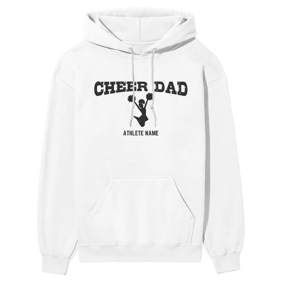 cheer dad with cheerleader icon and cheerleader name on a hoodie with a black graphic