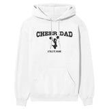 cheer dad with cheerleader icon and cheerleader name on a hoodie with a black graphic